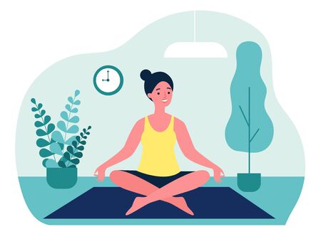 Woman doing morning yoga at home flat vector illustrationのイラスト素材