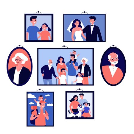 Pictures of happy family in frames on wallのイラスト素材
