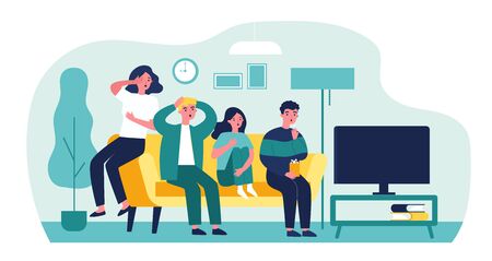 Group of friends watching scary movie flat vector illustration. Cartoon people sitting at sofa together and watching horror via TV. Friendship and leisure concept.のイラスト素材