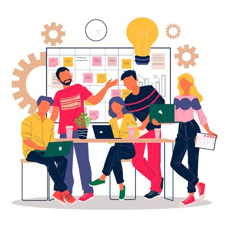 Positive office employees with laptops discussing ideasのイラスト素材
