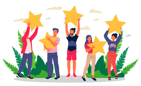 Satisfied customers rating services quality with review starsのイラスト素材