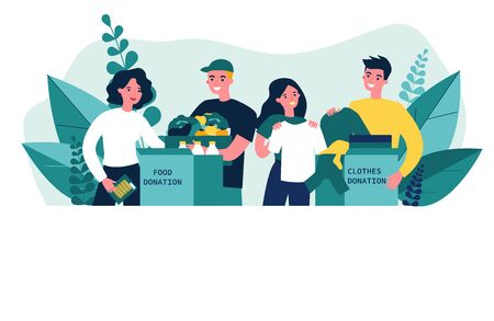 Happy volunteers donating clothes and food for charityのイラスト素材