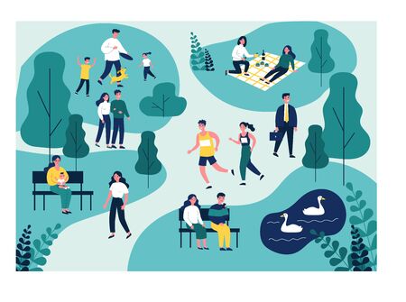 People walking in park, jogging and eating at picnicのイラスト素材