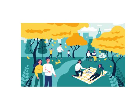 Happy people spending leisure time in pink cherry tree parkのイラスト素材