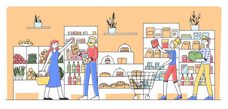 Cartoon people buying products at grocery storeのイラスト素材