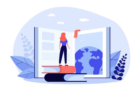 Student girl standing at open bookのイラスト素材