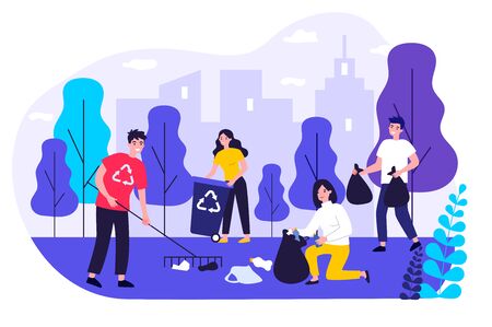 Happy volunteers collecting garbage in city parkのイラスト素材