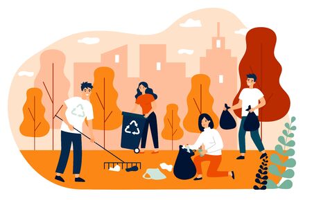 Happy volunteers collecting garbage in city parkのイラスト素材