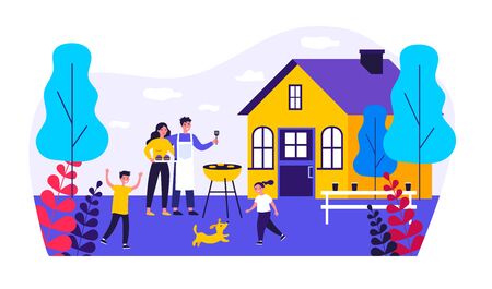 Happy family doing barbecue at garden flat vector illustrationのイラスト素材