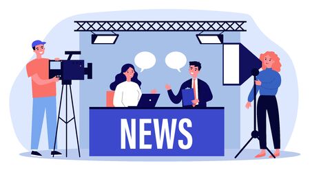 People on TV studio making news flat vector illustrationのイラスト素材