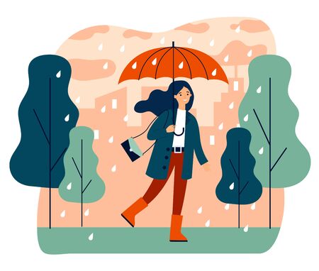 Happy smiling girl with umbrella walking in rainy dayのイラスト素材