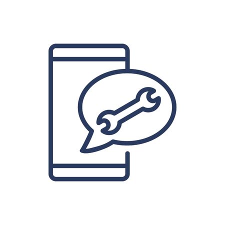Wrench in speech bubble and smartphone thin line iconのイラスト素材