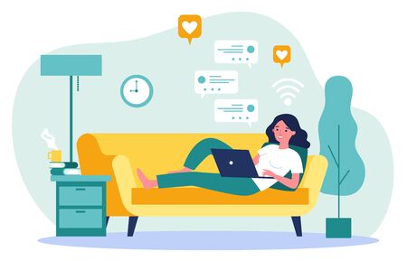 Beautiful woman relaxing at sofa with laptop computerのイラスト素材