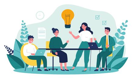 Business team working together, brainstorming, discussing ideas for project. People meeting at desk in office. Vector illustration for co-working, teamwork, workspace conceptのイラスト素材