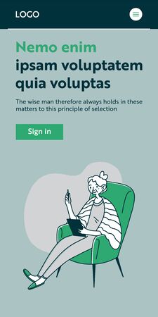 Grandma using tablet. Senior lady reading book on gadget screen flat illustration. Digital technology, communication concept for banner, website design or landing web pageの写真素材
