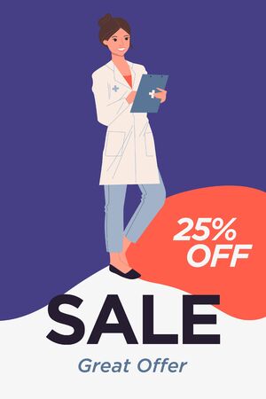 Female doctor wearing white coat, holding notepad. Pharmacist, sale text, great offer flat illustration. Insurance, pharmacy, retail concept for banner, website design or landing web pageの写真素材
