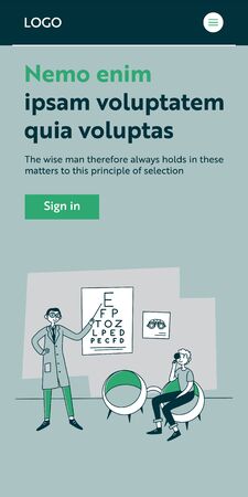Patient visiting ophthalmologist. Young man checking up eyesight flat illustration. Examination, healthcare, vision concept for banner, website design or landing web pageの写真素材