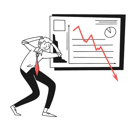 Business loss report. Upset businessman unhappy about declining chart flat illustration. Depression, bankruptcy, crisis concept for banner, website design or landing web pageの写真素材