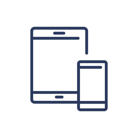 Tablet and smartphone thin line icon. Portable pc, screen, cellphone isolated outline sign. Digital devices and electronic gadgets concept. Vector illustration symbol element for web design and appsのイラスト素材