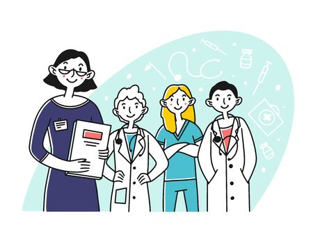 Hospital doctor staff. Team of physicians and nurse standing together flat illustration. Teamwork, medicine, occupation concept for banner, website design or landing web pageの写真素材
