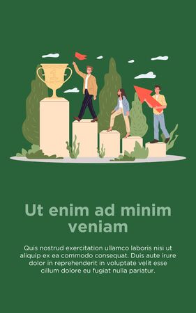 Team celebrating success. Business group with flag walking upstairs on podium to winner cup flat illustration. Competition, goal, award concept for banner, website design or landing web pageの写真素材