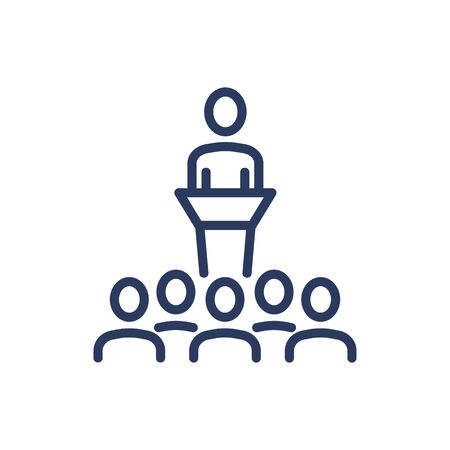 Speaker and auditorium thin line icon. Speech, training, couching isolated outline sign. Teamwork and business concept. Vector illustration symbol element for web design and appsのイラスト素材
