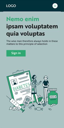 Diabetes patient diagnostic. Young man consulting doctor, insulin, sugar, syringe flat illustration. Healthcare, treatment, disease concept for banner, website design or landing web pageの写真素材