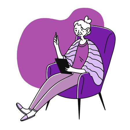 Grandma using tablet. Senior lady reading book on gadget screen flat illustration. Digital technology, communication concept for banner, website design or landing web pageの写真素材