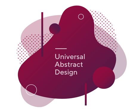 Colourful abstract dynamical elements. Universal geometric shapes, wavy lines. Deep purple and burgundy background, white sample text. Template for banner, flyer or slide.の写真素材