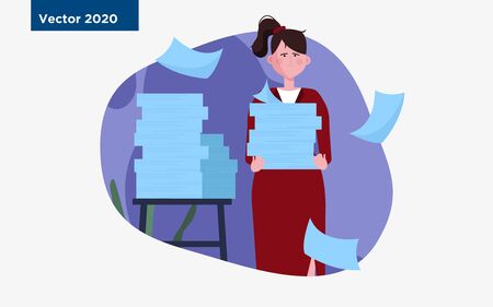 Tired woman carrying stacks of papers. Office employee, accountant, reports flat illustration. Documents, overwork, workload concept for banner, website design or landing web pageの写真素材