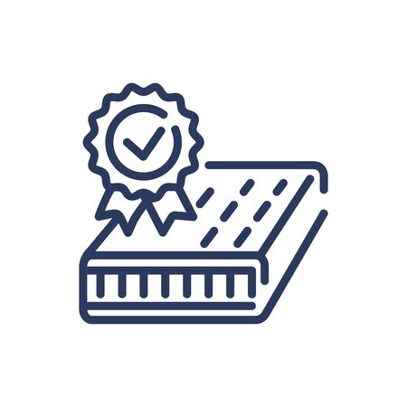 Quality badge and mattress thin line icon. Approval, orthopedic, certified isolated sign. Comfort and sleeping concept. Vector illustration symbol element for web design and appsのイラスト素材