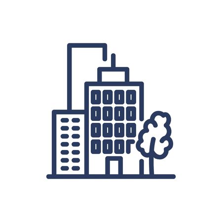 Commercial buildings thin line icon. Tree, office, district isolated outline sign. Buildings and urban architecture concept. Vector illustration symbol element for web design and appsのイラスト素材