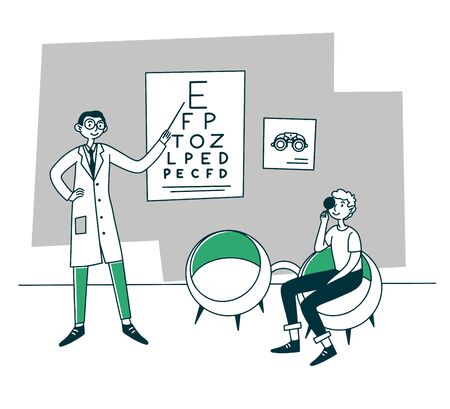 Patient visiting ophthalmologist. Young man checking up eyesight flat illustration. Examination, healthcare, vision concept for banner, website design or landing web pageの写真素材