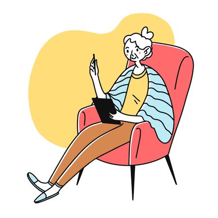 Grandma using tablet. Senior lady reading book on gadget screen flat illustration. Digital technology, communication concept for banner, website design or landing web pageの写真素材