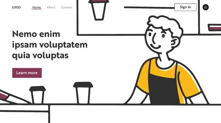 Barista making coffee at counter. Young man, apron, takeaway cups flat illustration. Morning, coffee shop, job, occupation concept for banner, website design or landing web pageの写真素材