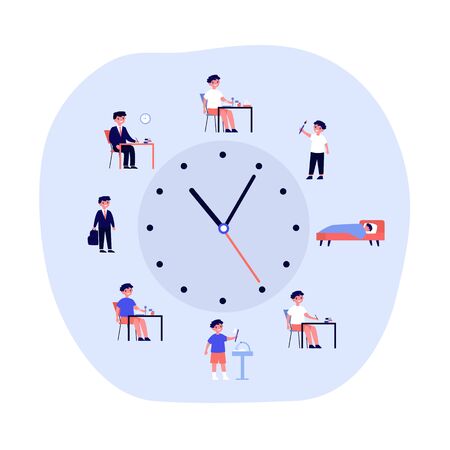 Kid life schedule flat vector illustration. Cartoon schedule including breakfast, eating, school, hobby, sleeping. Health activity and daily routine conceptのイラスト素材