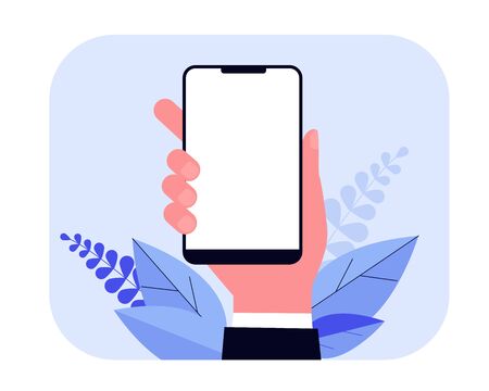 Phone in hand flat vector illustration. Cartoon hand holding mobile phone, making blank screenshot, using face id. Software and technology conceptのイラスト素材