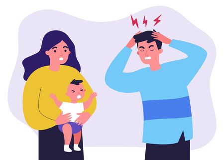 Young father tired of migraine because of crying baby. Mom holding child and dad touching head flat vector illustration. Depression and headache concept for banner, website design or landing web pageのイラスト素材