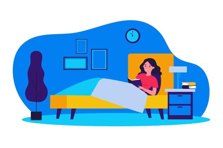Happy woman reading book in bed. Female student studying library textbook before going to sleep. Vector illustration for healthy habit, leisure, literature conceptのイラスト素材
