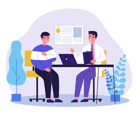 Young man suffering with heart disease. Cardiologist consulting patient in pain flat vector illustration. Healthcare and medicine concept for banner, website design or landing web pageのイラスト素材