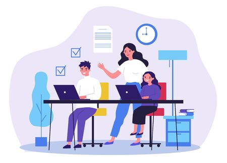 Female teacher explaining lesson to students. Boy and girl learning with tutor flat vector illustration. Education and examination concept for banner, website design or landing web pageのイラスト素材