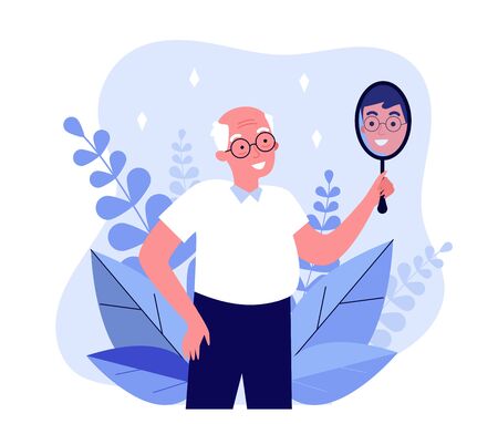 Smiling man looking at himself in mirror. Granddad imagining himself as young guy flat vector illustration. Narcissism and reflection concept for banner, website design or landing web pageのイラスト素材