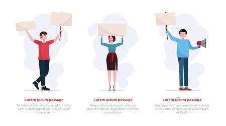 People standing with placard and megaphone set. Activist, protester, picket flat illustration. Activism, crisis, conflict, protest concept for banner, website design or landing web pageの写真素材