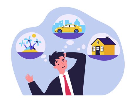Young man thinking about new house, car and trip flat vector illustration. Businessman dreaming for material benefits. Wealth, business and abundance concept.のイラスト素材