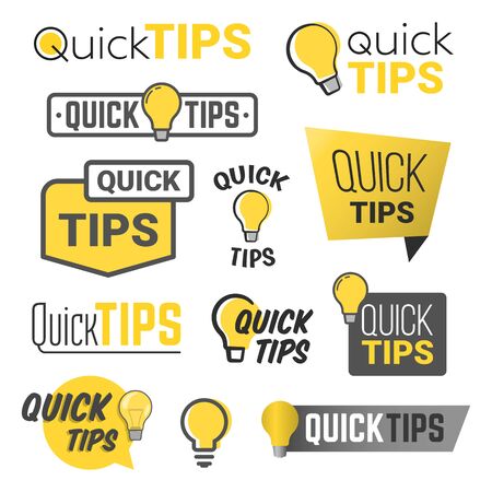 Tricks and quick tips solution flat labels collection. Tricks text and helpful advices quick tips vector illustration set. Suggestion and reminder info conceptのイラスト素材