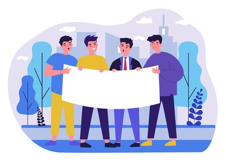 Young men gathering for protest. Male group standing together and holding blank banner flat vector illustration. Position and activism concept for banner, website design or landing web pageのイラスト素材