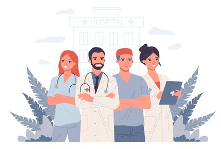 Hospital doctor staff. Physician, practitioner with stethoscope, surgeon flat illustration. Healthcare, medicine, clinic, occupation concept for banner, website design or landing web pageの写真素材