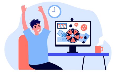Happy young man celebrating jackpot. Online casino winner, roulette, poker flat vector illustration. Gambling gain, winning money, prize concept for banner, website design or landing web pageのイラスト素材
