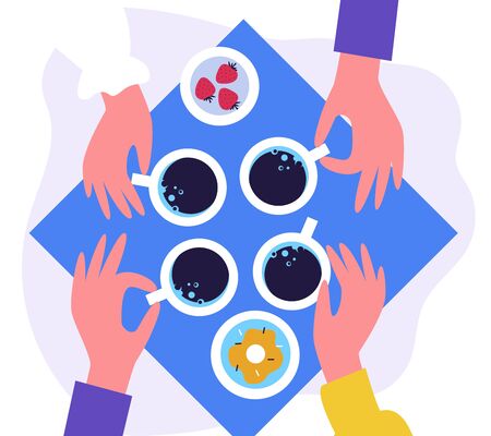 Four hands holding ceramic mugs of coffee flat vector illustration. People drinking morning tea together. Top view of table. Refreshment and warm drink conceptのイラスト素材