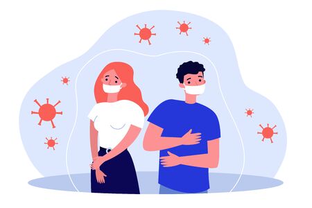 People in anxiety because of coronavirus flat vector illustration. Cartoon man and woman in masks. Wuhan virus and medical warning conceptのイラスト素材